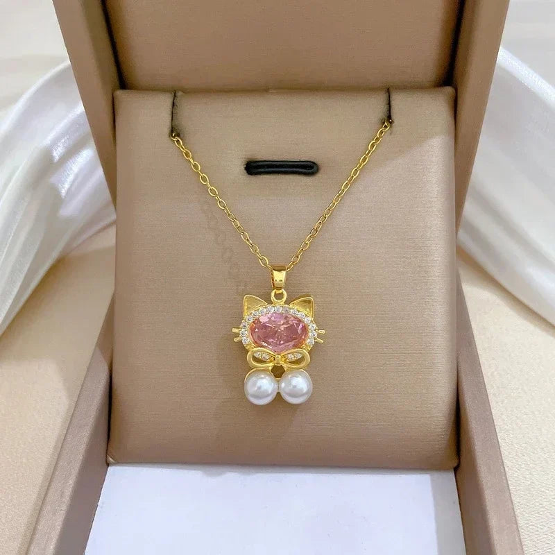 Hello Kitty Cat Choker Necklace Pink Zircon Pearl Pendant