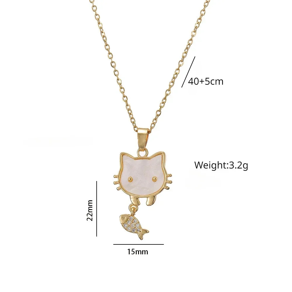 Hello Kitty Cat Necklace Gold Cat Pendant with Fish Charm