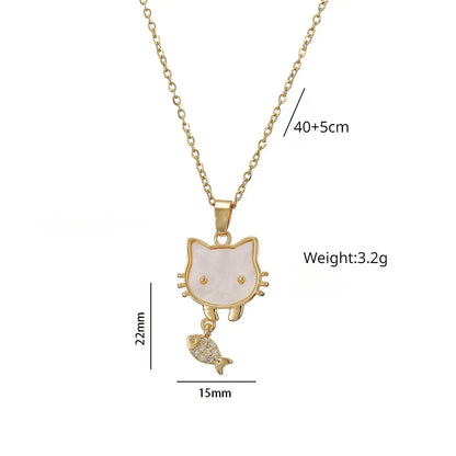 Hello Kitty Cat Necklace Gold Cat Pendant with Fish Charm