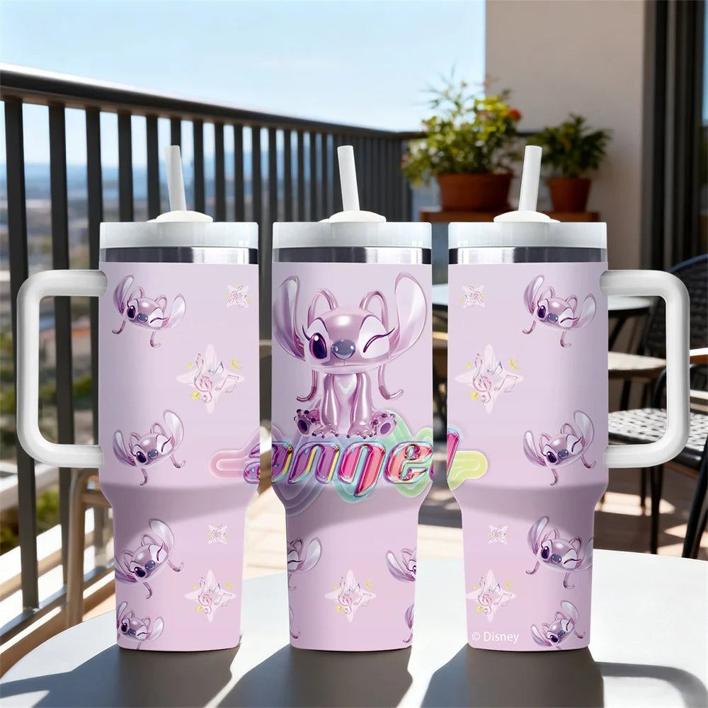 Stitch and Angel stainless steel tumbler close up