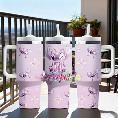 Stitch and Angel stainless steel tumbler close up