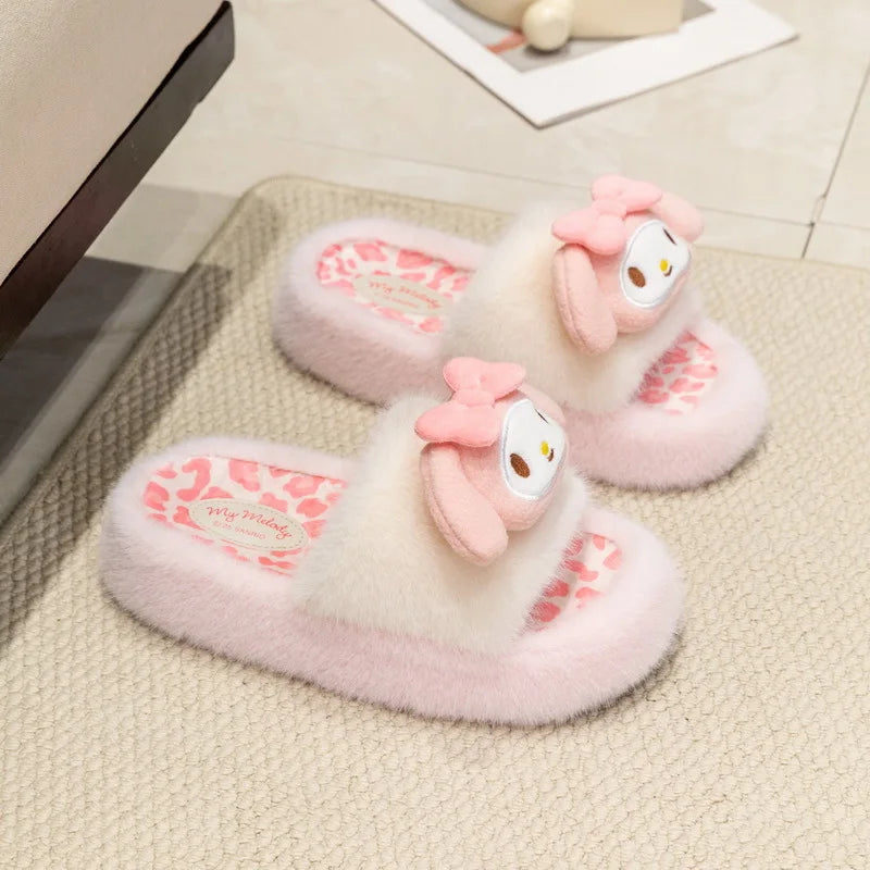 Sanrio character slippers for women with a cozy plush upper, available in Kuromi, My Melody and Hello Kitty designs