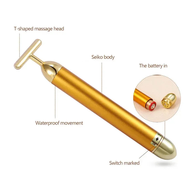 24K Gold T-Shape Beauty Bar Facial Massager Vibrating Face & Neck Massage Tool