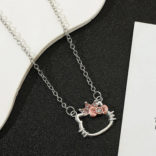 Hello Kitty necklace crown rhinestone pendant jewelry front view