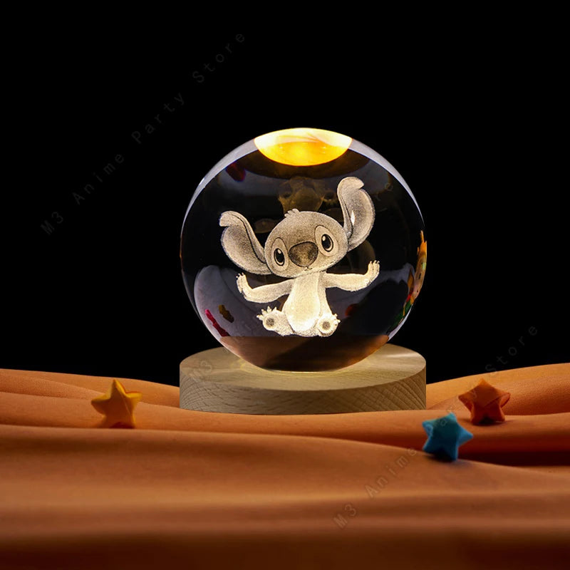 3D Laser Engraved Crystal Ball Night Light Stitch Blue Alien LED Lamp Home Decor 