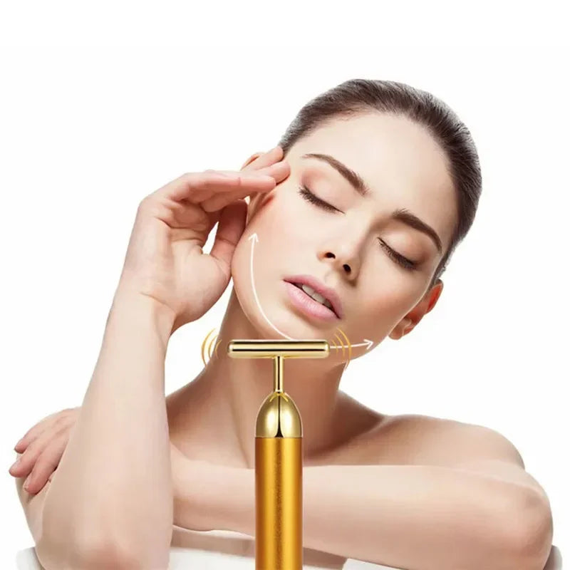 24K Gold T-Shape Beauty Bar Facial Massager Vibrating Face & Neck Massage Tool