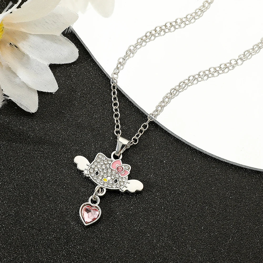 Hello Kitty angel heart necklace rhinestone jewelry front view