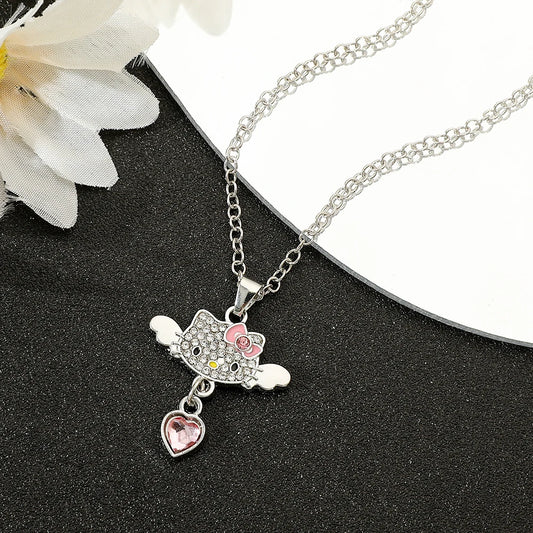 Hello Kitty angel heart necklace rhinestone jewelry front view