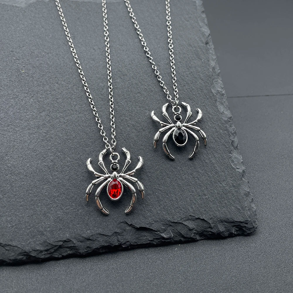 Crystal Spider Necklace Silver Spider Pendant with Red & Black Rhinestone
