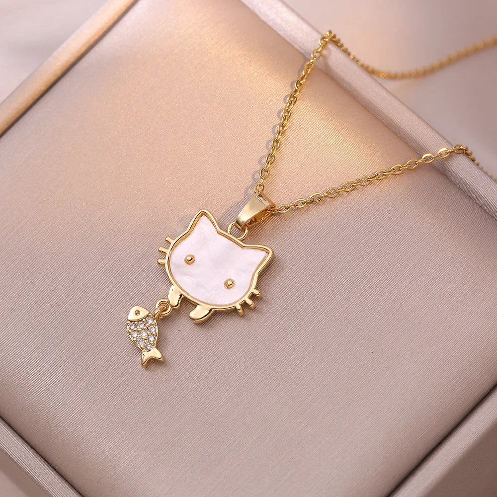 Hello Kitty Cat Necklace Gold Cat Pendant with Fish Charm