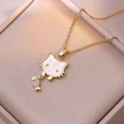 Hello Kitty Cat Necklace Gold Cat Pendant with Fish Charm