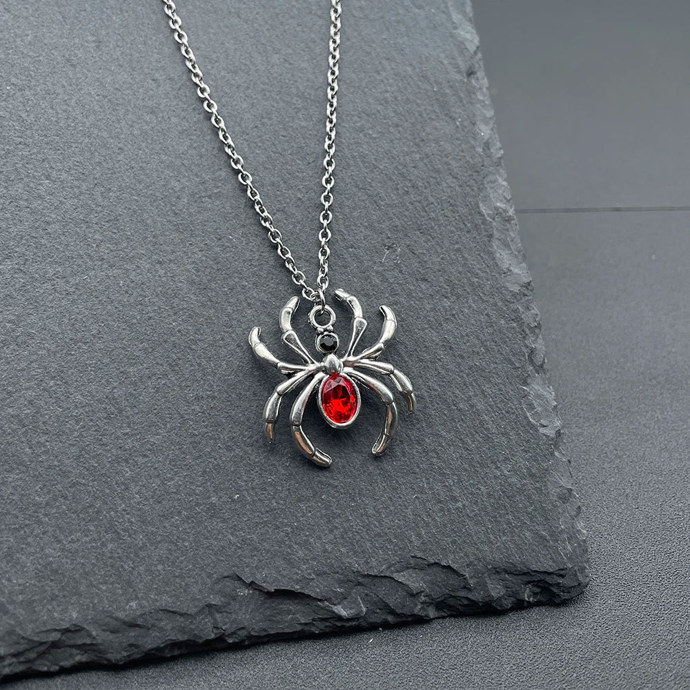 Crystal Spider Necklace Silver Spider Pendant with Red & Black Rhinestone
