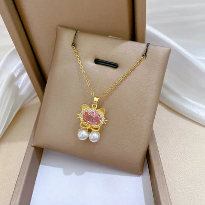 Hello Kitty Cat Choker Necklace Pink Zircon Pearl Pendant
