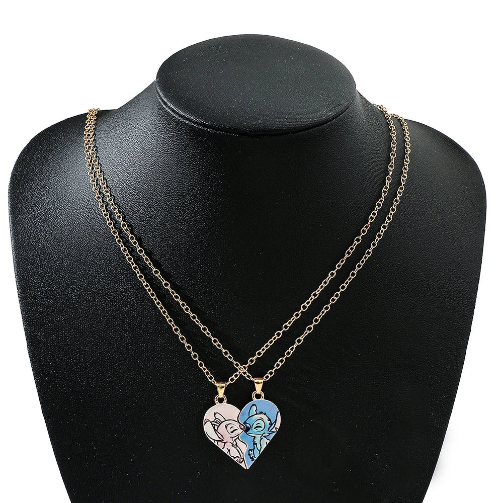 Stitch & Angel Partner-Halsketten-Set mit geteiltem Herz, niedlicher Paar-BFF-Schmuck