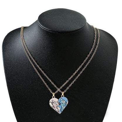 Stitch & Angel Matching Split Heart Necklace Set Cute Couple BFF Jewelry