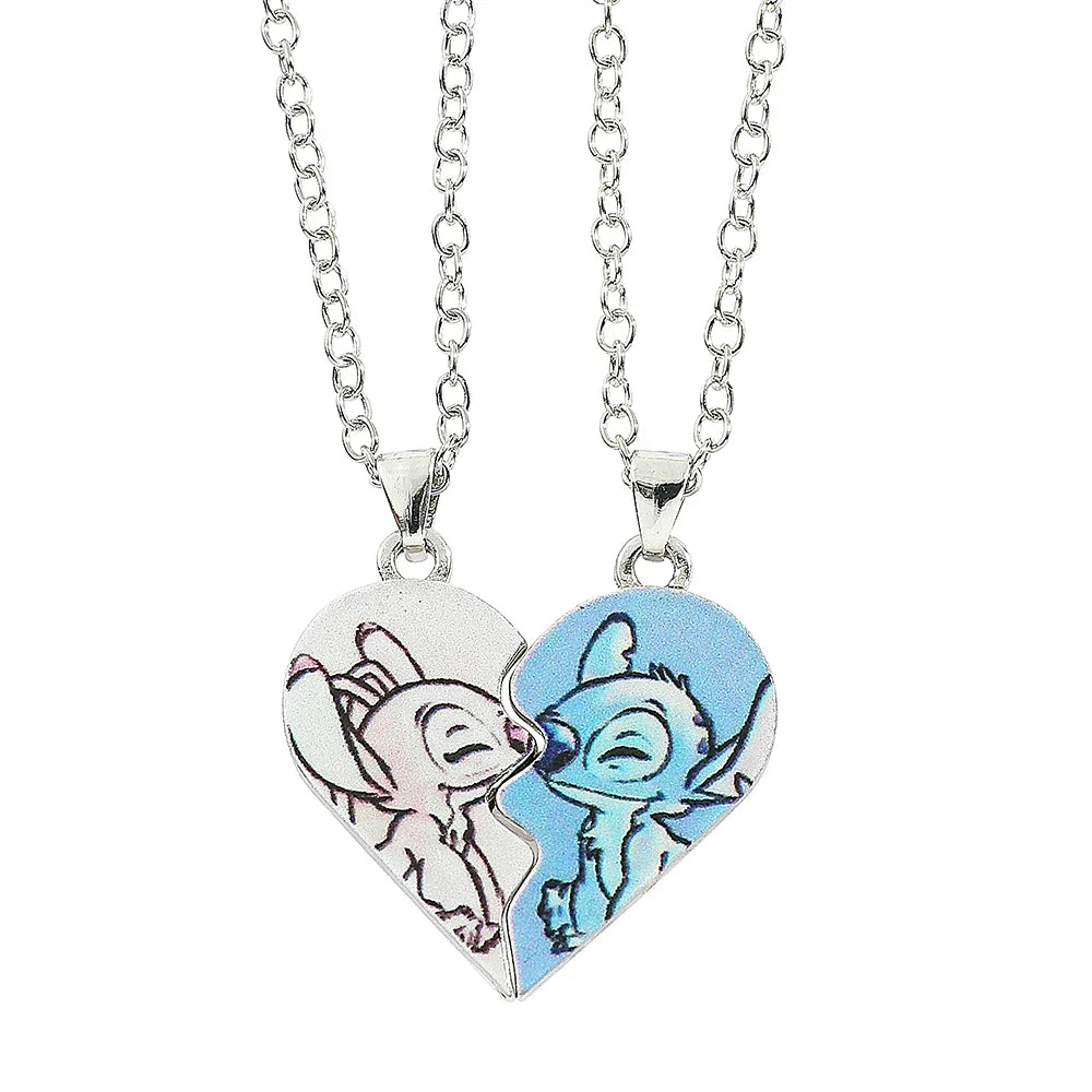 Stitch & Angel Partner-Halsketten-Set mit geteiltem Herz, niedlicher Paar-BFF-Schmuck