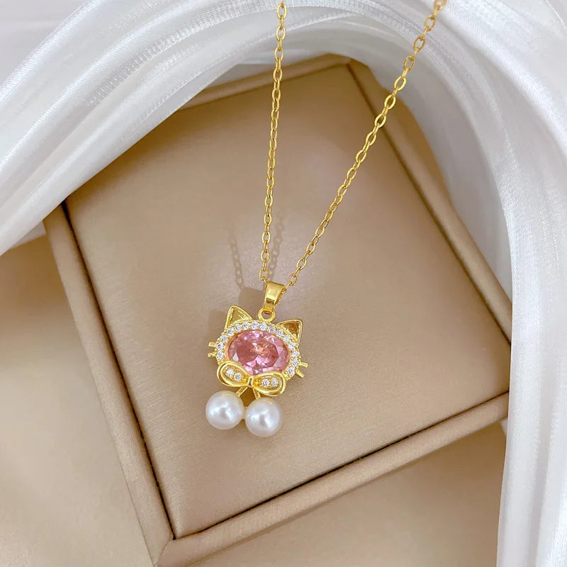 Hello Kitty Cat Choker Necklace Pink Zircon Pearl Pendant