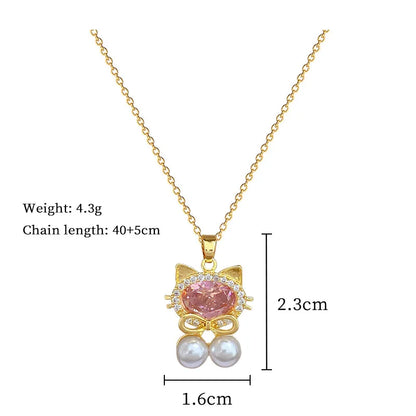 Hello Kitty Cat Choker Necklace Pink Zircon Pearl Pendant