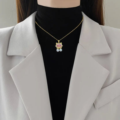 Hello Kitty Cat Choker Necklace Pink Zircon Pearl Pendant