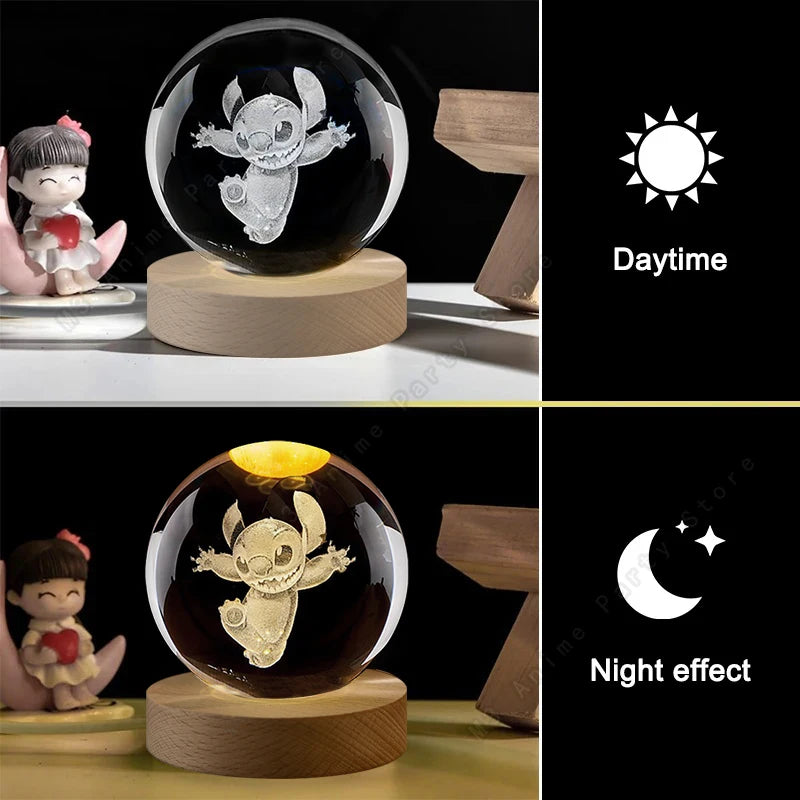 Crystal ball with 3D character display showing daytime and night effect on a wooden base.