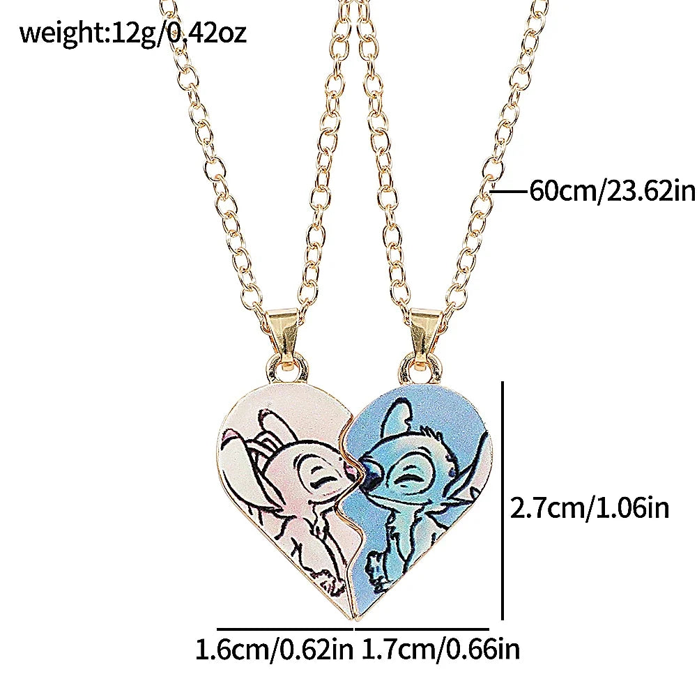 Stitch & Angel Partner-Halsketten-Set mit geteiltem Herz, niedlicher Paar-BFF-Schmuck