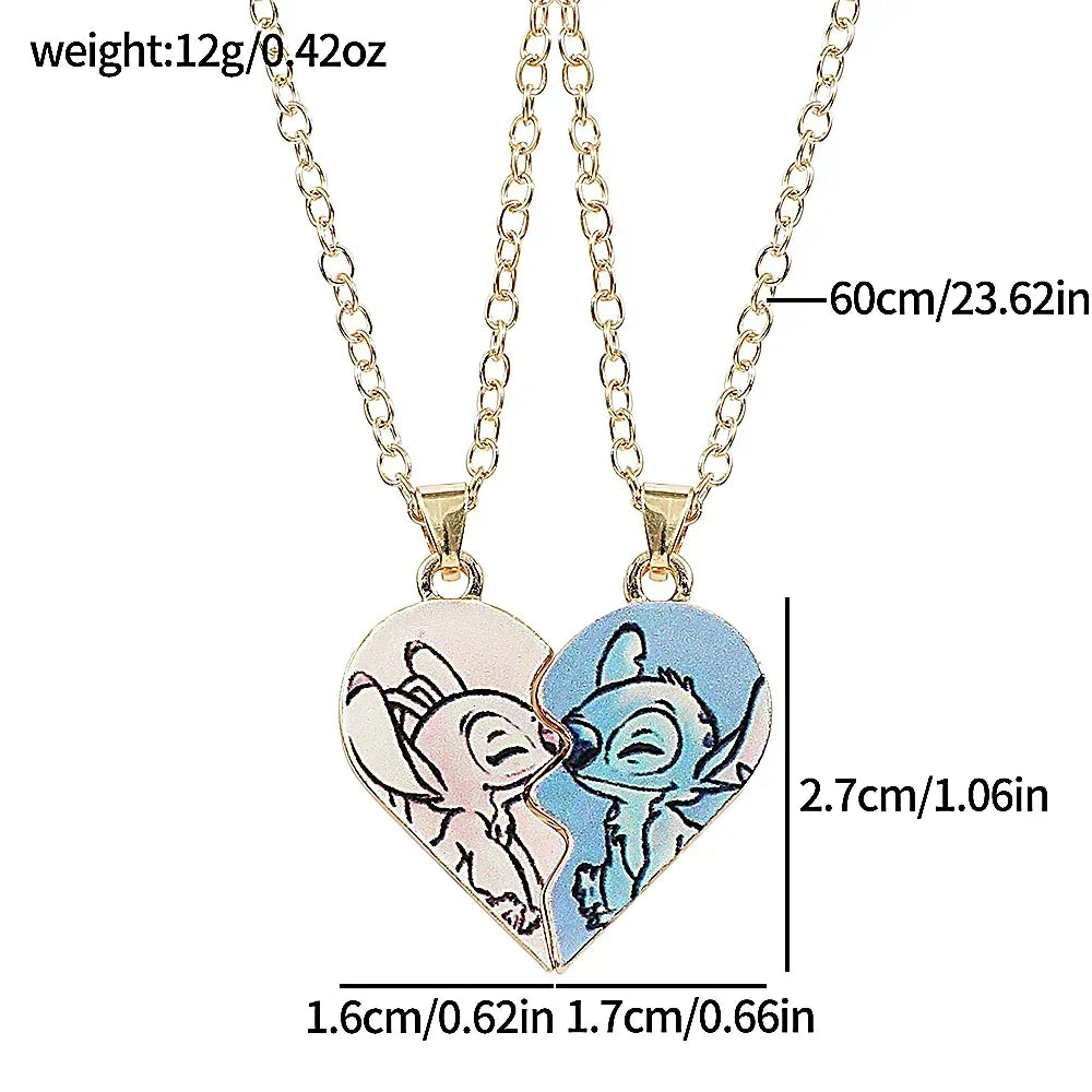 Stitch & Angel Matching Split Heart Necklace Set Cute Couple BFF Jewelry
