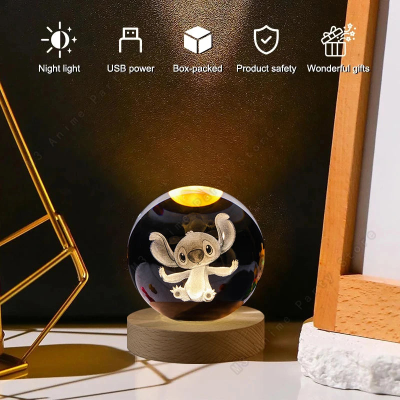 Decorative night light with cartoon character on a wooden base, surrounded by icons indicating features like night light, USB power, box-packed, product safety, and wonderful gifts.