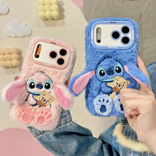 Fluffy 3D Stitch iPhone case with soft plush-style protective cover