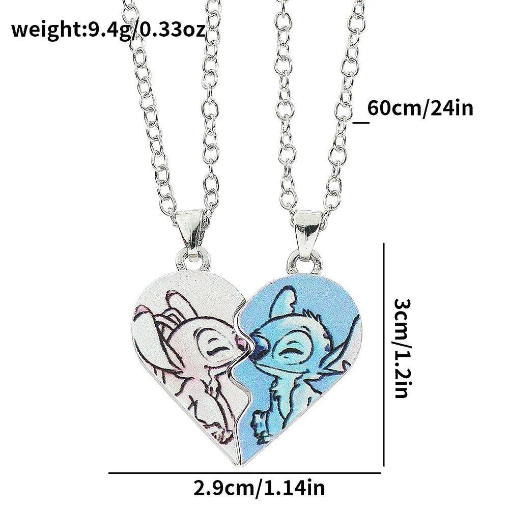Stitch & Angel Partner-Halsketten-Set mit geteiltem Herz, niedlicher Paar-BFF-Schmuck