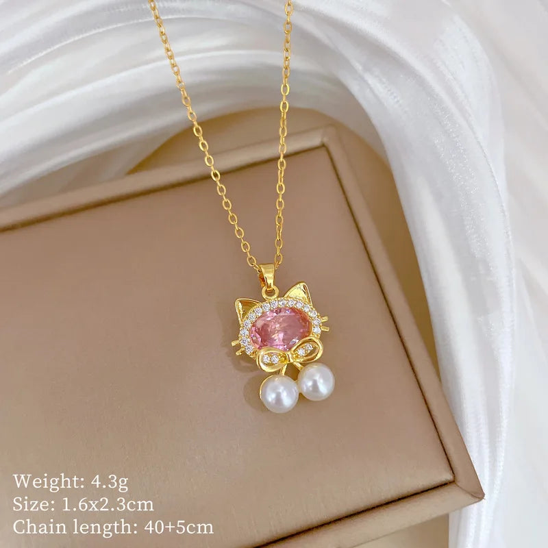 Hello Kitty Cat Choker Necklace Pink Zircon Pearl Pendant