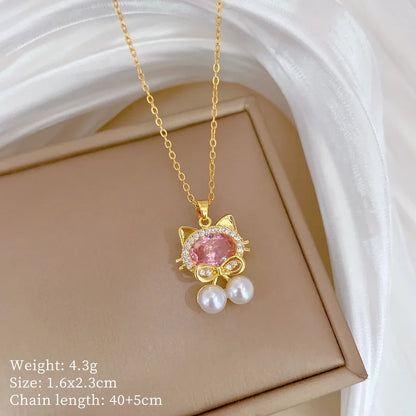 Hello Kitty Cat Choker Necklace Pink Zircon Pearl Pendant