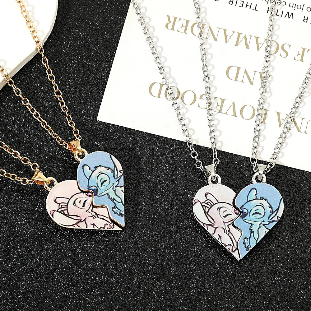 Stitch & Angel Partner-Halsketten-Set mit geteiltem Herz, niedlicher Paar-BFF-Schmuck