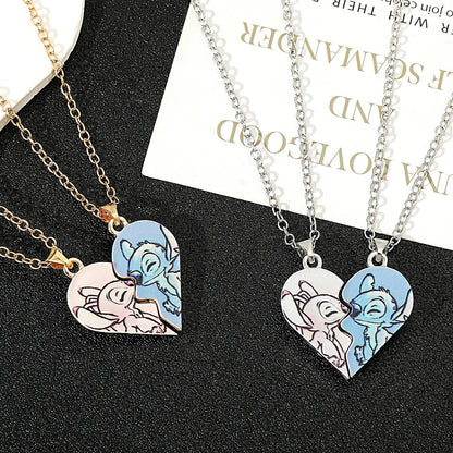 Stitch & Angel Matching Split Heart Necklace Set Cute Couple BFF Jewelry