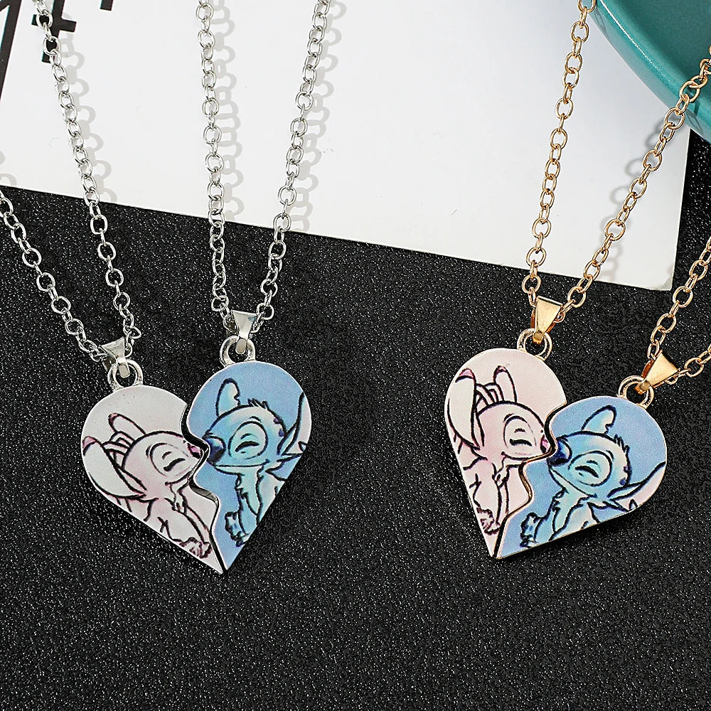 Stitch & Angel Partner-Halsketten-Set mit geteiltem Herz, niedlicher Paar-BFF-Schmuck