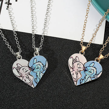 Stitch & Angel Partner-Halsketten-Set mit geteiltem Herz, niedlicher Paar-BFF-Schmuck