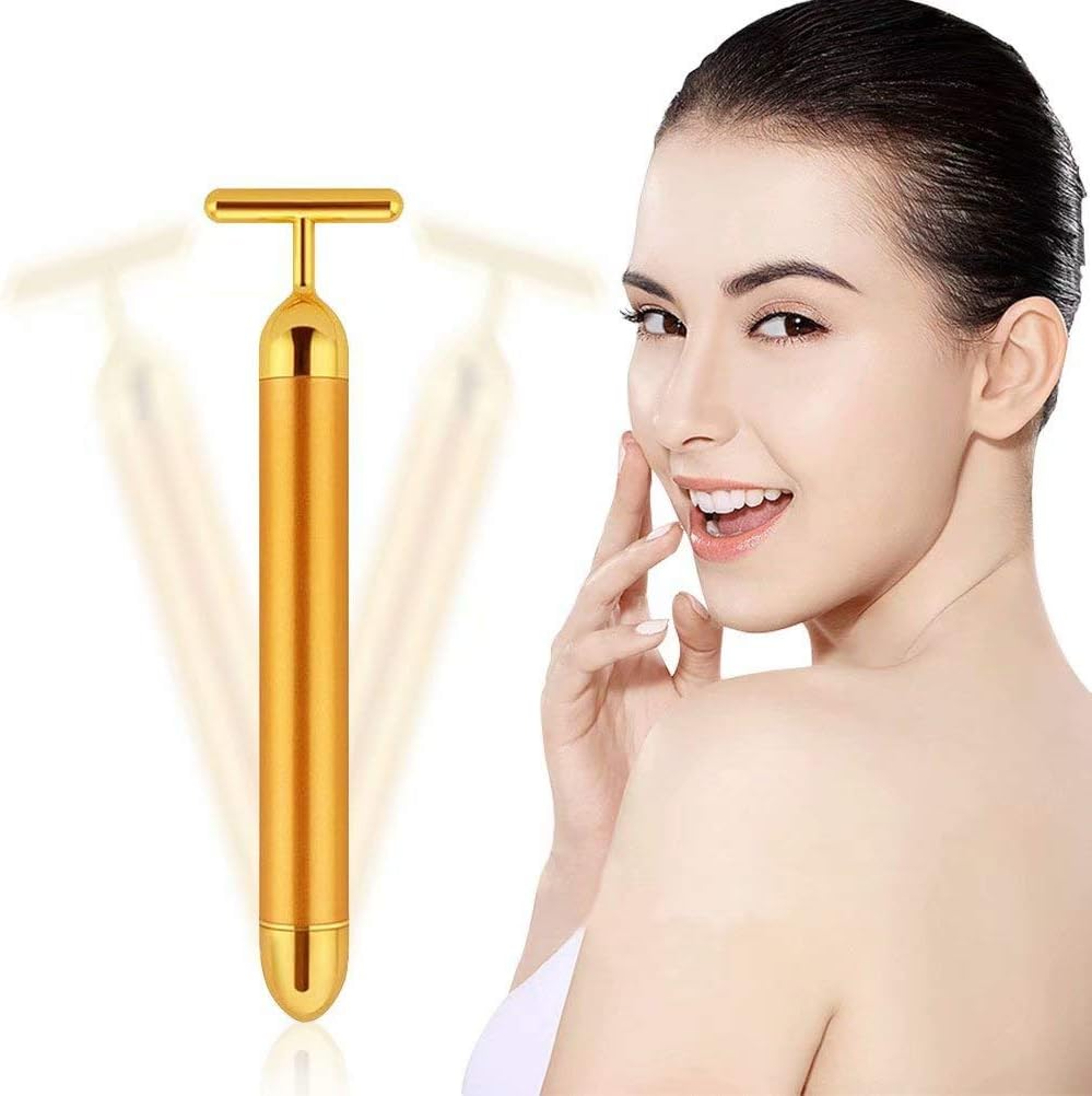 24K Gold T-Shape Beauty Bar Facial Massager Vibrating Face & Neck Massage Tool