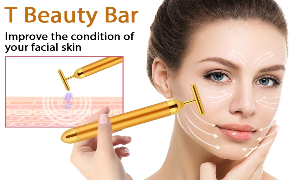 24K Gold T-Shape Beauty Bar Facial Massager Vibrating Face & Neck Massage Tool