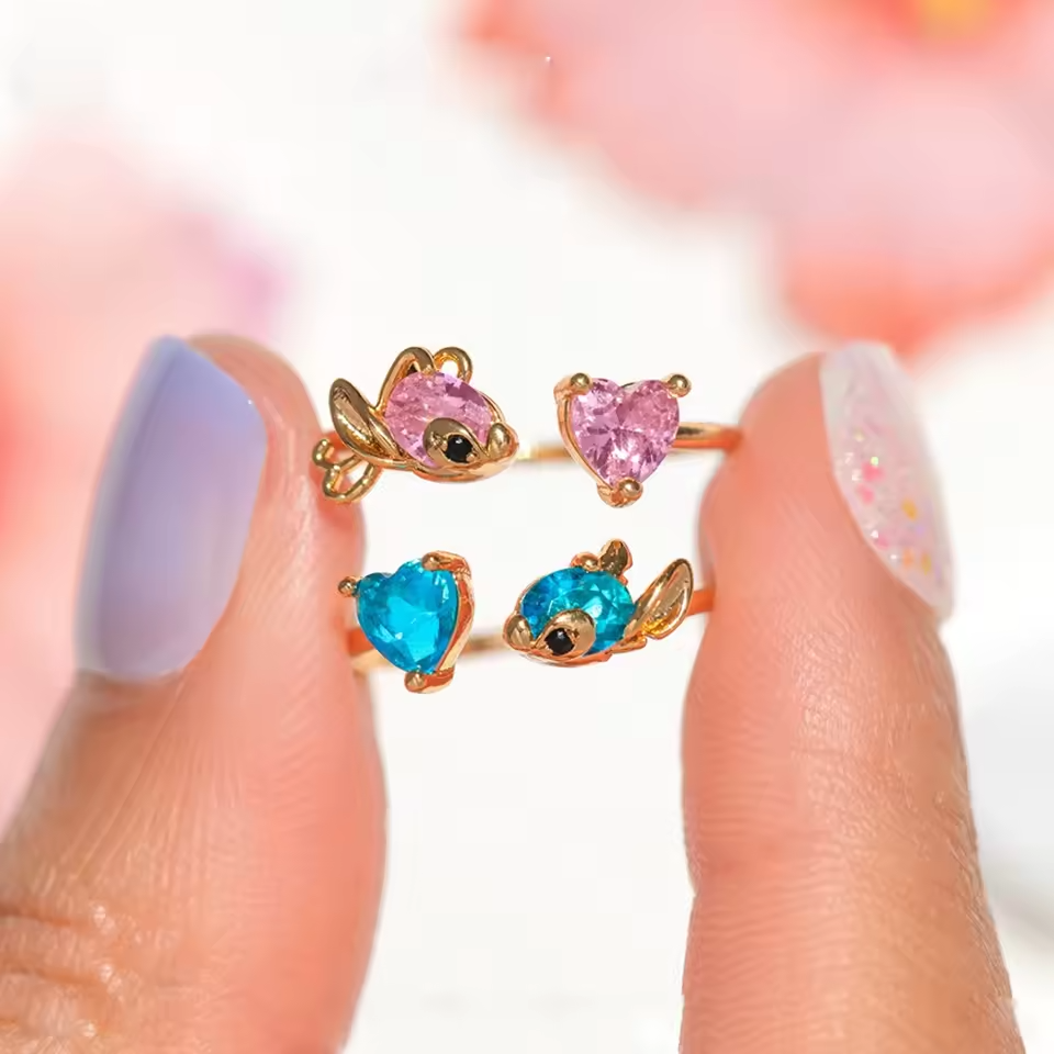Stitch & Angel Gold Plated Adjustable Crystal Open Ring